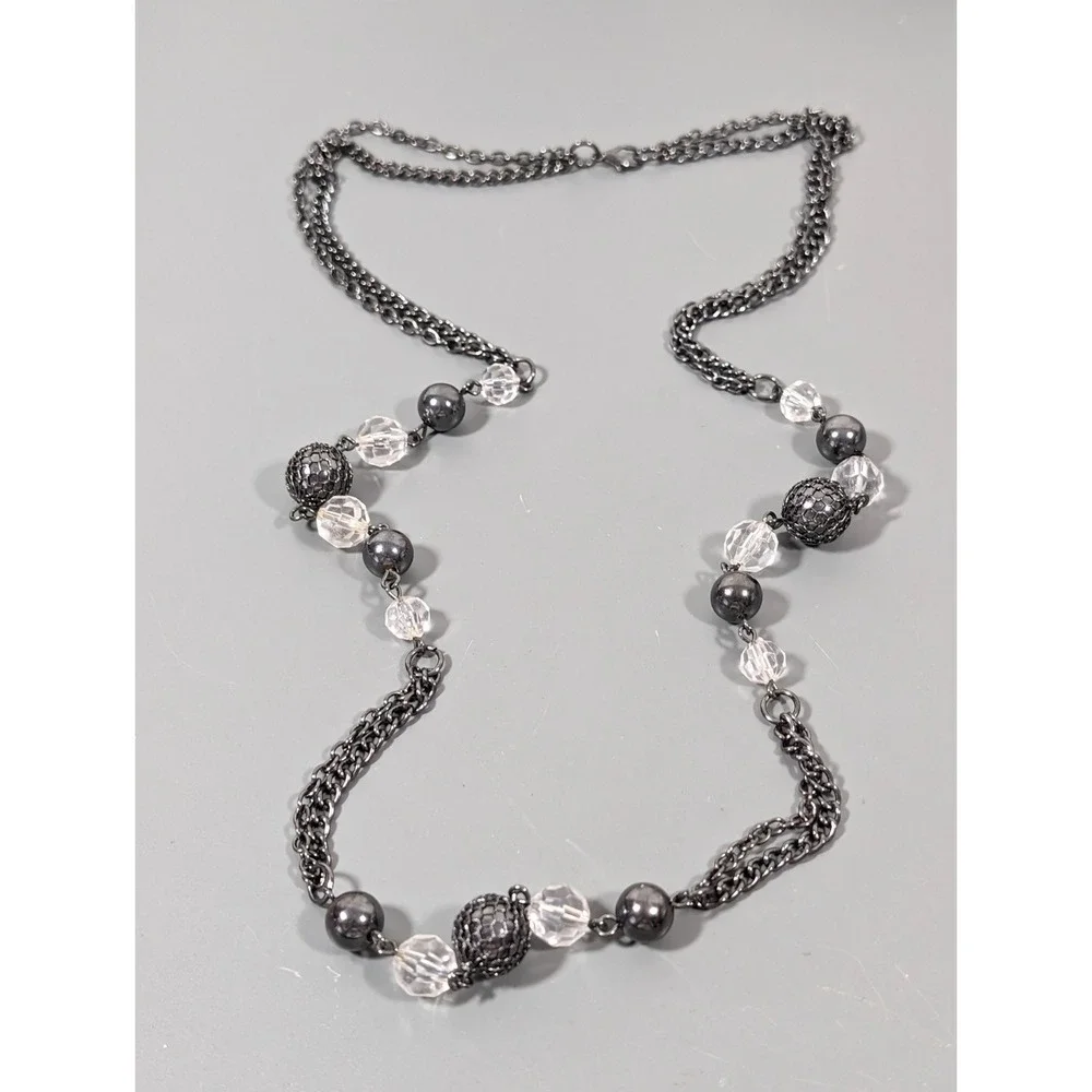 Gunmetal Black & Clear Beaded Necklace Faceted Acrylic Long‎ Layering 30 in